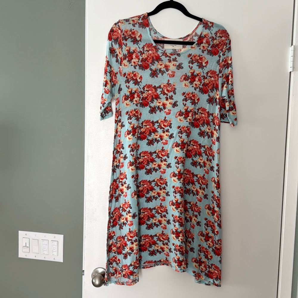 Puella Floral Midi Sundress with Crew Neck and 3/4 Sleeves